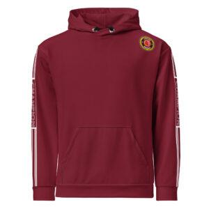 Firefighter red hoodie with CHAMPION text along the sleeves and Lions Den emblem on the chest.