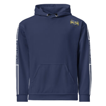 Navy blue hoodie with "CHAMPION" text on the sleeves and the Hall of Fame emblem on the chest.