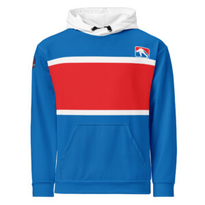 blue hoodies with a small Firefighter Challenge logo on the chest and a red stripe across the front