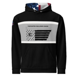 black hoodies with a distressed American flag design on the chest and large 'No Mercy' logo on the back, part of the Firefighter Challenge League.