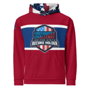 red hoodies featuring a large 'Firefighter Challenge United States Record Holder' logo on the chest and 'No Mercy' design on the back, limited edition.