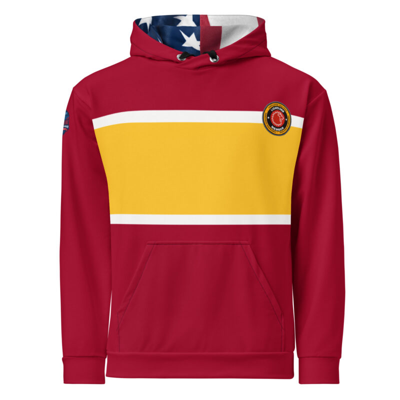 red hoodies with a small 'Lion’s Den Member' logo on the chest and 'No Mercy' design on the back, limited edition.