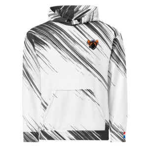 Image of a white and black FCL Fan Flame Hoodie featuring a sleek logo on the front and a large firefighter shield with flaming axes on the back.