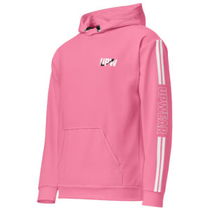 Pink hoodie with UPWEAR logo on chest and sleeves, accented by white stripe detailing.