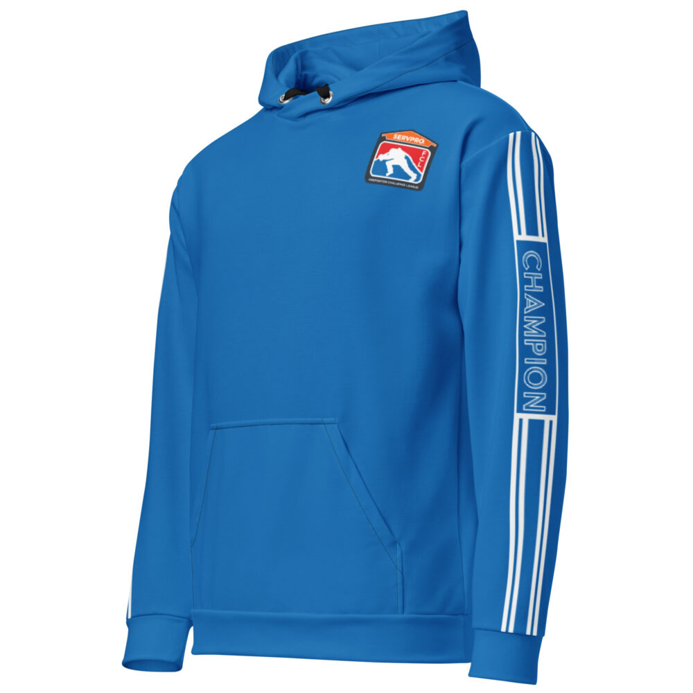 Blue FCL SERVPRO® Champion Hoodie with official Firefighter Challenge League emblem, logo accents on sleeves, kangaroo pocket, and adjustable hood.