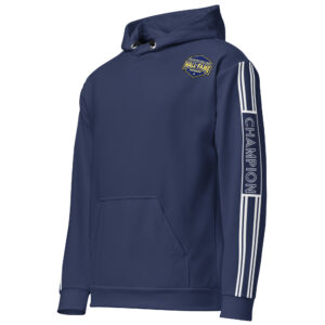 Navy blue hoodie with "CHAMPION" text on the sleeves and the Hall of Fame emblem on the chest.