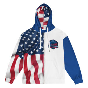 Firefighter Challenge Championship hoodie featuring an American flag design on the back and the championship logo on the front