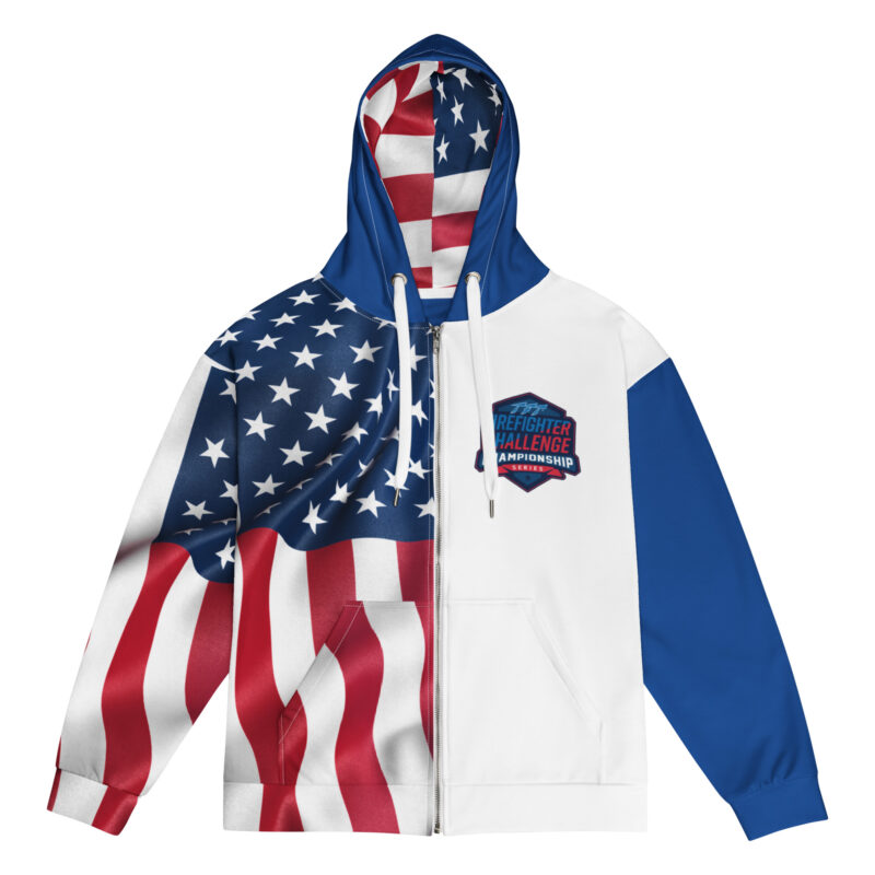 Firefighter Challenge Championship hoodie featuring an American flag design on the back and the championship logo on the front