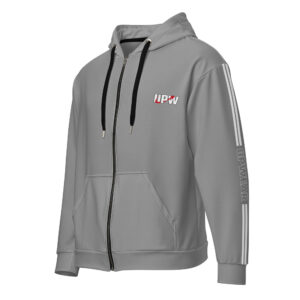 Grey Upwear Zip Hoodie with full-length zipper, drawstring hood, kangaroo pockets, and soft cotton blend material.