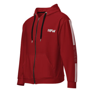 UPWEAR red zip-up hoodie with full-zip front, kangaroo pockets, bold sleeve branding, and soft-touch fabric.