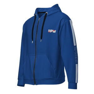 UPWEAR blue zip-up hoodie with full-zip design, sleek sleeve branding, soft-touch fabric, and comfortable fit.