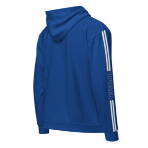 UPWEAR blue zip-up hoodie with full-zip design, sleek sleeve branding, soft-touch fabric, and comfortable fit.