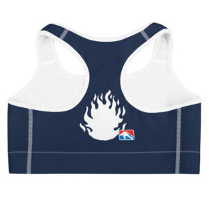 A navy racerback sports bra with the FCCS logo on the front left shoulder and a large flame graphic on the back.