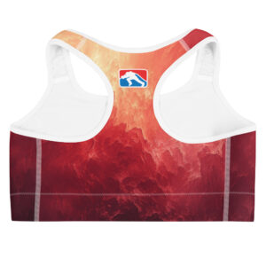 A red-and-orange fiery-patterned sports bra with the Proud FCL Wife logo on the front and the official FCL emblem on the back.