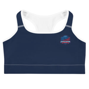 A navy racerback sports bra with the FCCS logo on the front left shoulder and a large flame graphic on the back.