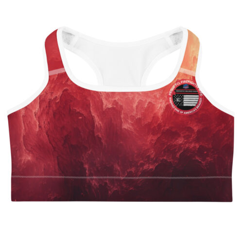 A red-and-orange fiery-patterned sports bra with the Proud FCL Wife logo on the front and the official FCL emblem on the back.