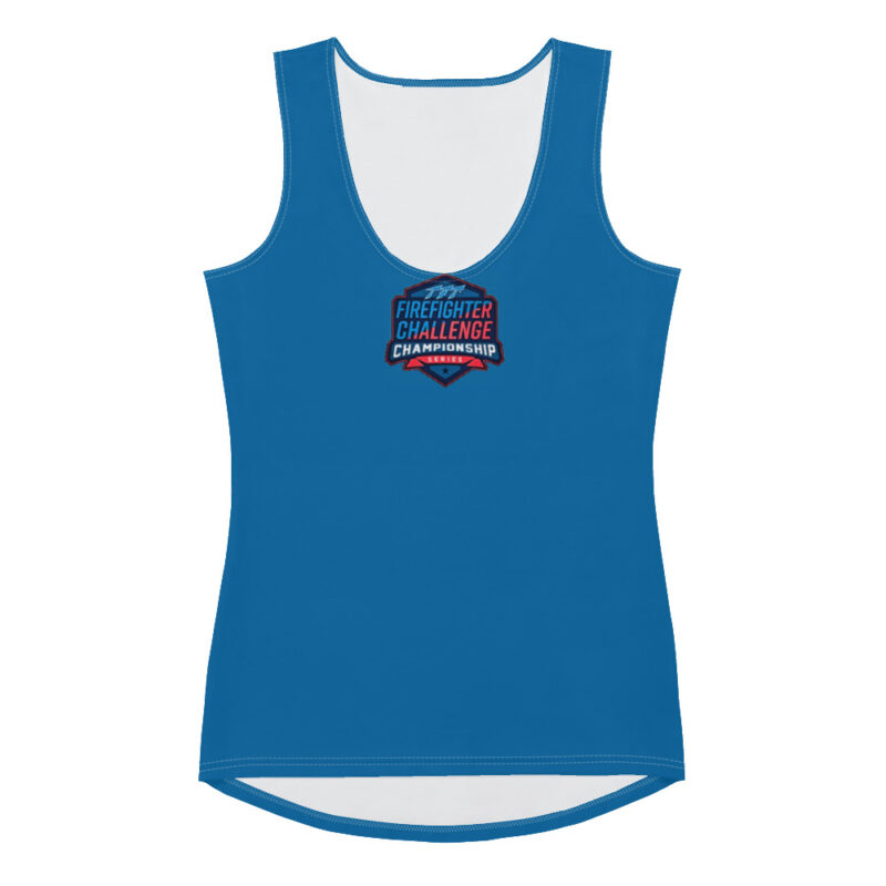 Blue women's tank top with Firefighter Challenge Championship logo.