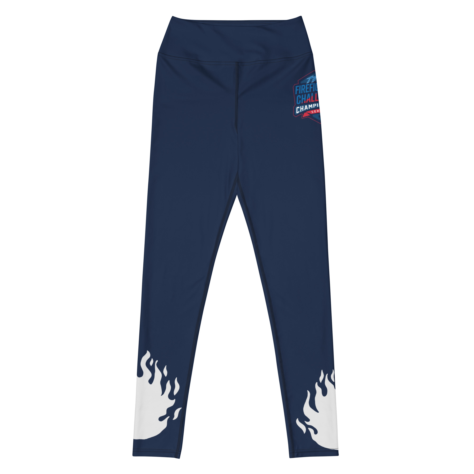 Navy yoga leggings with the Firefighter Challenge Championship Series logo and flame graphics on the lower legs.