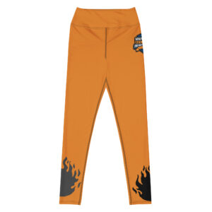 Orange high-waisted leggings featuring the Southwest Regional Firefighter Challenge logo on the upper back and flame graphics on the lower legs.