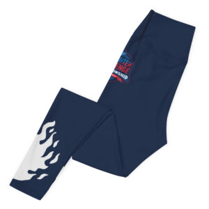 Navy yoga leggings with the Firefighter Challenge Championship Series logo and flame graphics on the lower legs.