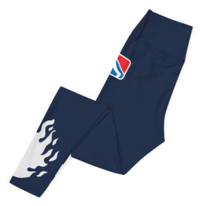 Navy high-waisted leggings with the FCCS logo on the upper back and flame graphics on the lower legs.