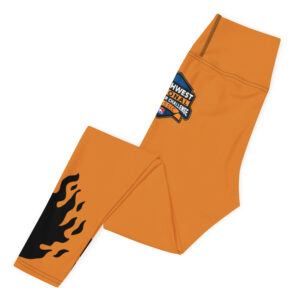 Orange high-waisted leggings featuring the Southwest Regional Firefighter Challenge logo on the upper back and flame graphics on the lower legs.