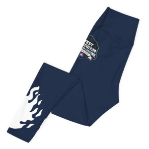 Navy high-waisted leggings featuring the West Regional Firefighter Challenge logo on the upper back.