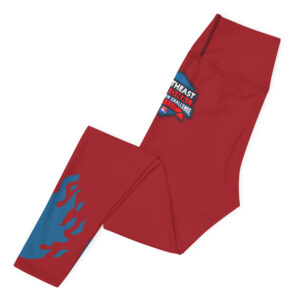 Red high-waisted leggings featuring the Northeast Regional Firefighter Challenge logo on the upper back.