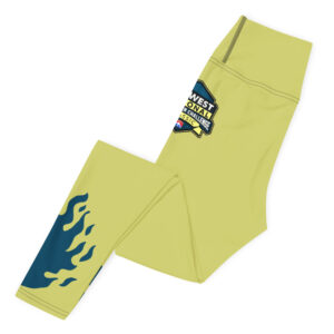 Yellow high-waisted leggings featuring the Midwest Regional Firefighter Challenge logo on the upper back.