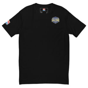 A white t-shirt with the Firefighter Challenge Hall of Fame Member badge on the left chest and a firefighter league patch on the sleeve. The t-shirt comes in multiple colors including black, white, blue, red, and grey.