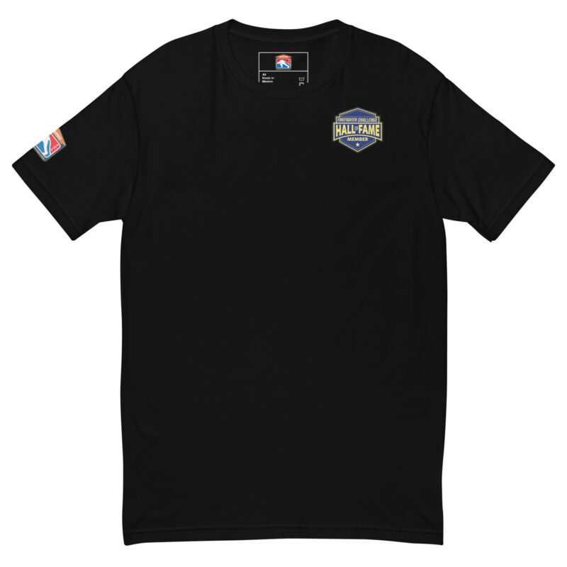 A white t-shirt with the Firefighter Challenge Hall of Fame Member badge on the left chest and a firefighter league patch on the sleeve. The t-shirt comes in multiple colors including black, white, blue, red, and grey.