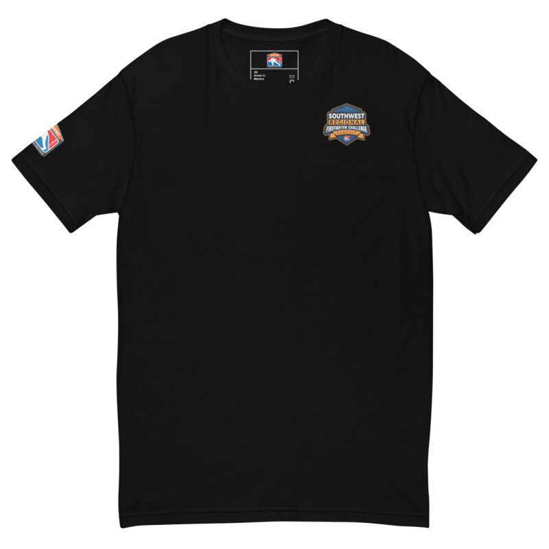 A white t-shirt with the Southwest Regional Firefighter Challenge badge on the left chest and a firefighter league patch on the sleeve. Available in multiple colors including black, white, blue, red, and grey.