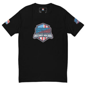 Black t-shirt featuring the Firefighter Championship League Record Holder badge on the back. This tee celebrates record holders within the firefighter community.