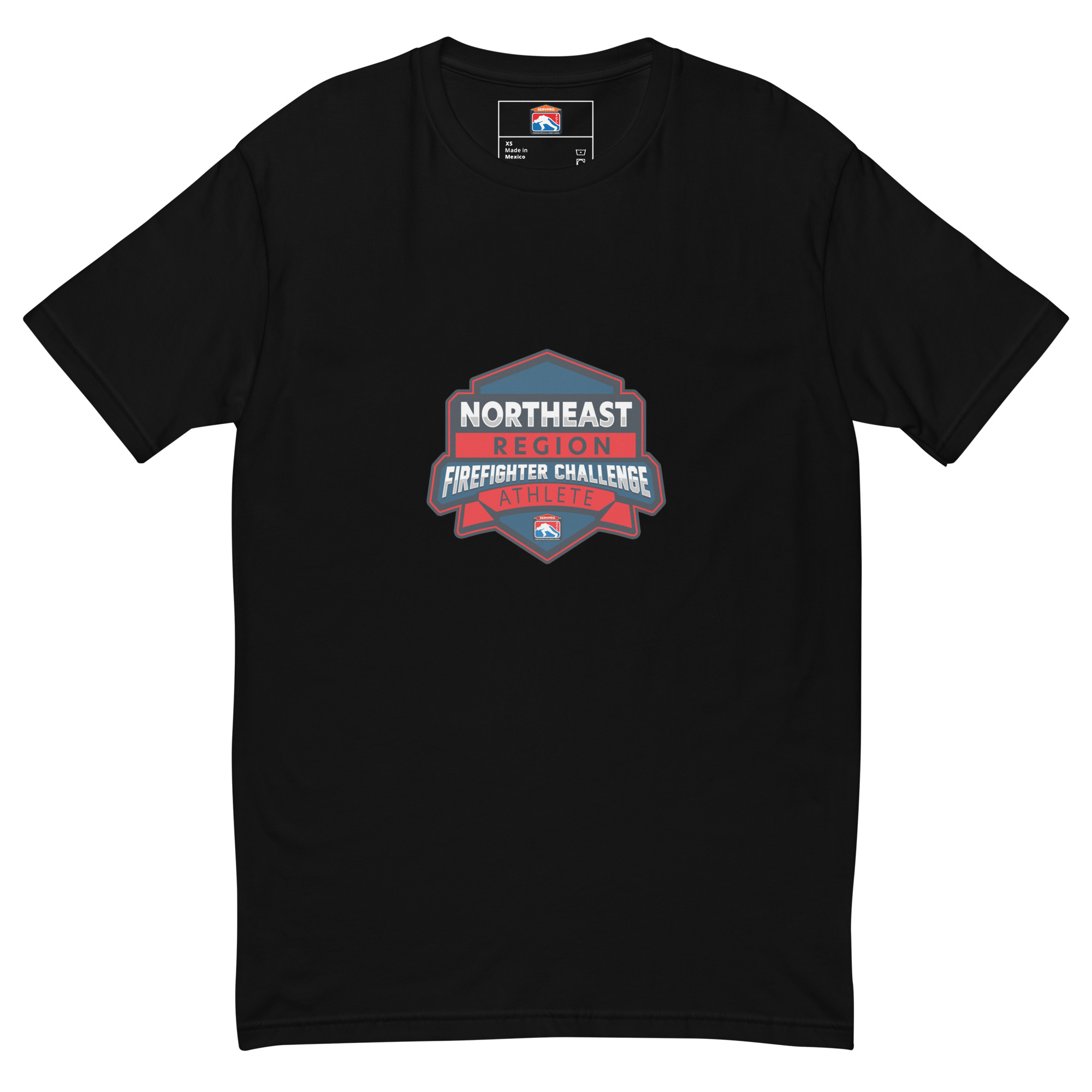 A white Northeast Regional Athlete Edition T-Shirt with a large Northeast Region Firefighter Challenge League logo on the chest and a small FCL tag on the back, available in black, red, heather grey, desert pink, light blue, and white.