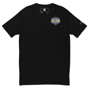 T-shirt with a small Firefighter Challenge Hall of Fame logo on the chest, available in black, red, and blue.