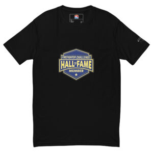 T-shirt with a large Firefighter Challenge Hall of Fame logo on the chest, available in black, red, and blue.