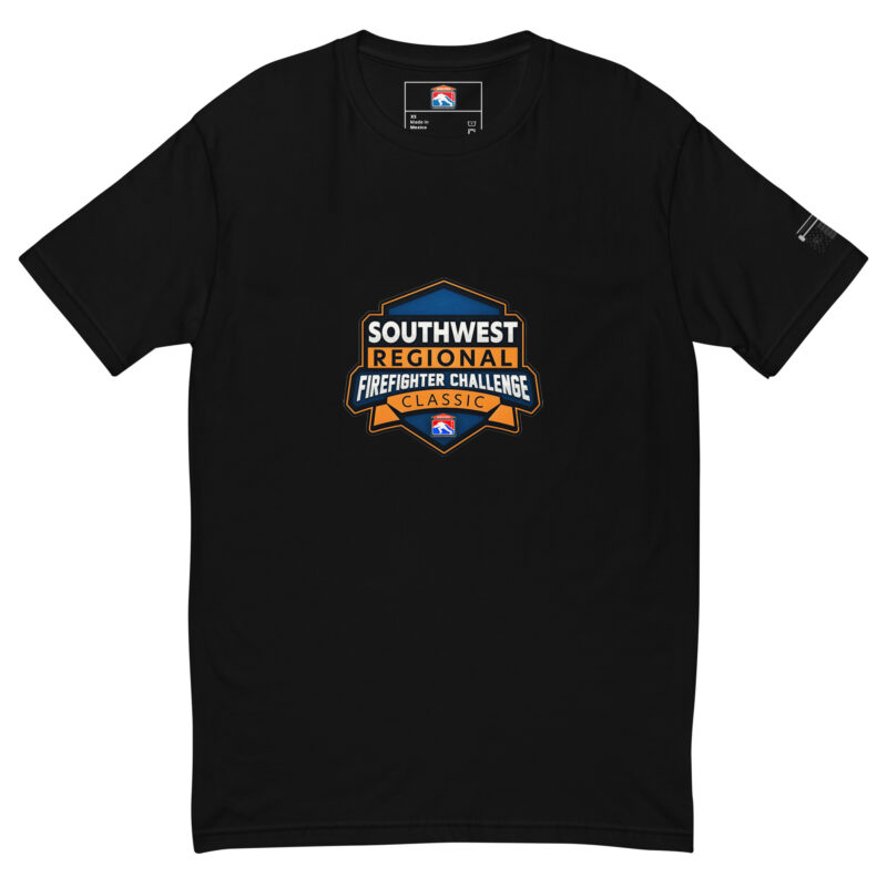 Black T-shirt featuring a large Southwest Regional Firefighter Challenge Classic logo on the front, available in black, grey, peach, and light blue.