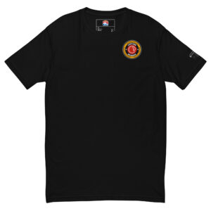 Text for Visually Impaired: Black T-shirt with a small, round Lions Den Member logo on the chest. Available in black, red, and grey.