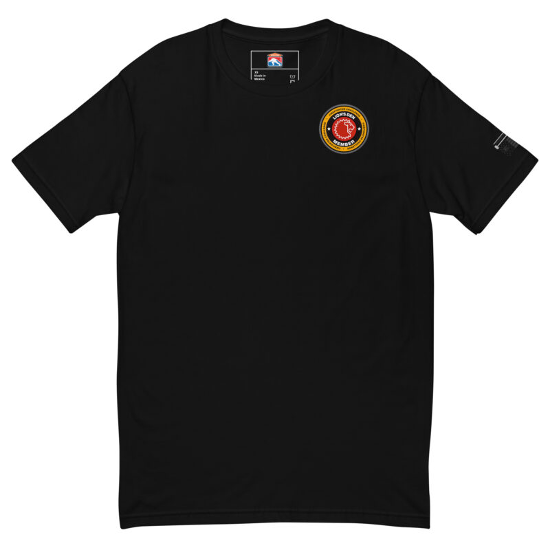 Text for Visually Impaired: Black T-shirt with a small, round Lions Den Member logo on the chest. Available in black, red, and grey.