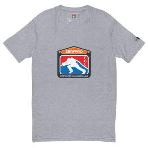 T-shirt with a large SERVPRO® Firefighter Challenge League logo on the chest, available in grey, red, and blue.