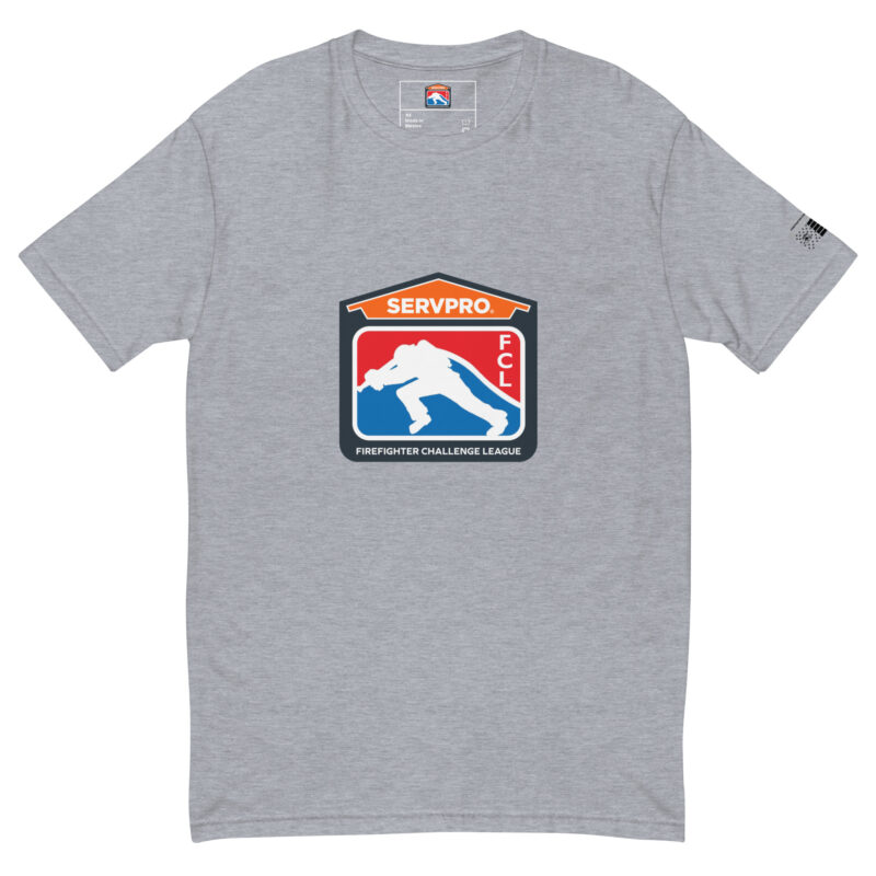 T-shirt with a large SERVPRO® Firefighter Challenge League logo on the chest, available in grey, red, and blue.