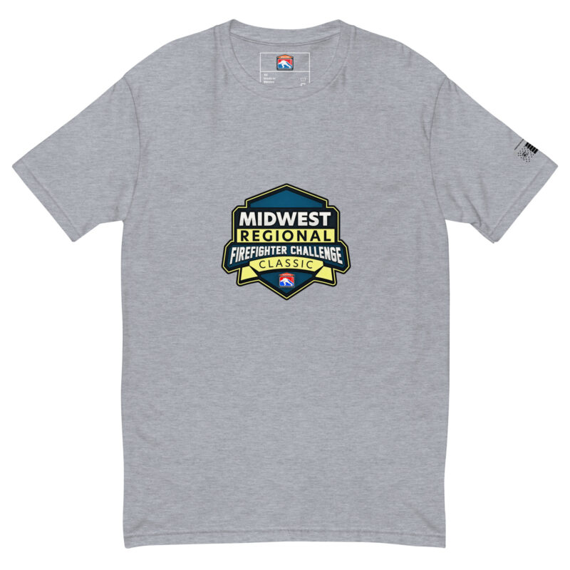 Grey T-shirt with a large Midwest Regional Firefighter Challenge Classic logo on the chest, available in grey, black, and navy.