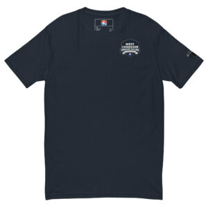 Navy T-shirt with the West Regional Firefighter Challenge logo displayed on the chest, available in navy, blue, and grey.