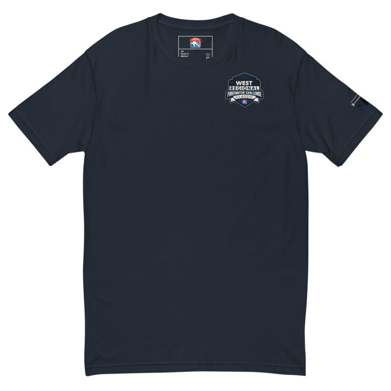 Navy T-shirt with the West Regional Firefighter Challenge logo displayed on the chest, available in navy, blue, and grey.