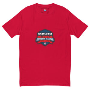 A white Northeast Regional Athlete Edition T-Shirt with a large Northeast Region Firefighter Challenge League logo on the chest and a small FCL tag on the back, available in black, red, heather grey, desert pink, light blue, and white.