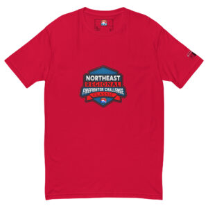 Red T-shirt with a large Northeast Regional Firefighter Challenge Classic logo on the chest, available in red, blue, grey, and navy.