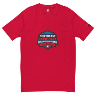 Red T-shirt with a large Northeast Regional Firefighter Challenge Classic logo on the chest, available in red, blue, grey, and navy.