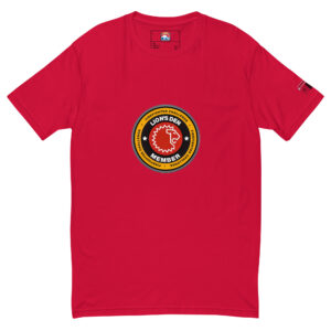 Red T-shirt with a large circular Lions Den Member logo in the center, available in red, black, and grey.