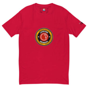 Red T-shirt with a large circular Lions Den Member logo in the center, available in red, black, and grey.