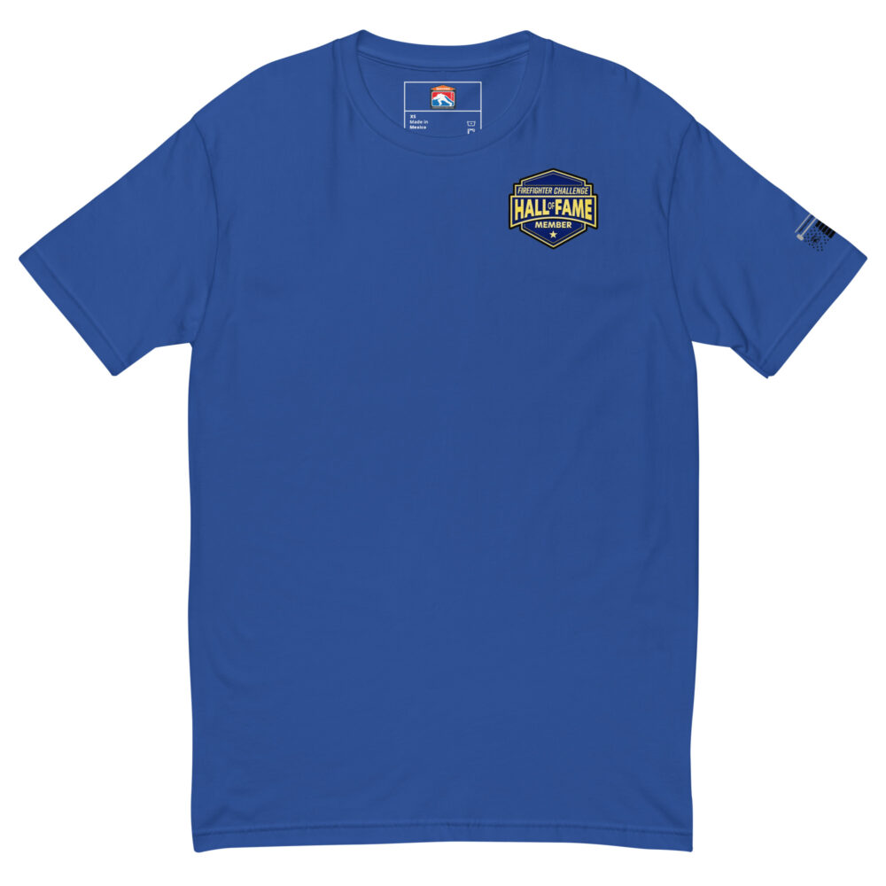 T-shirt with a small Firefighter Challenge Hall of Fame logo on the chest, available in black, red, and blue.